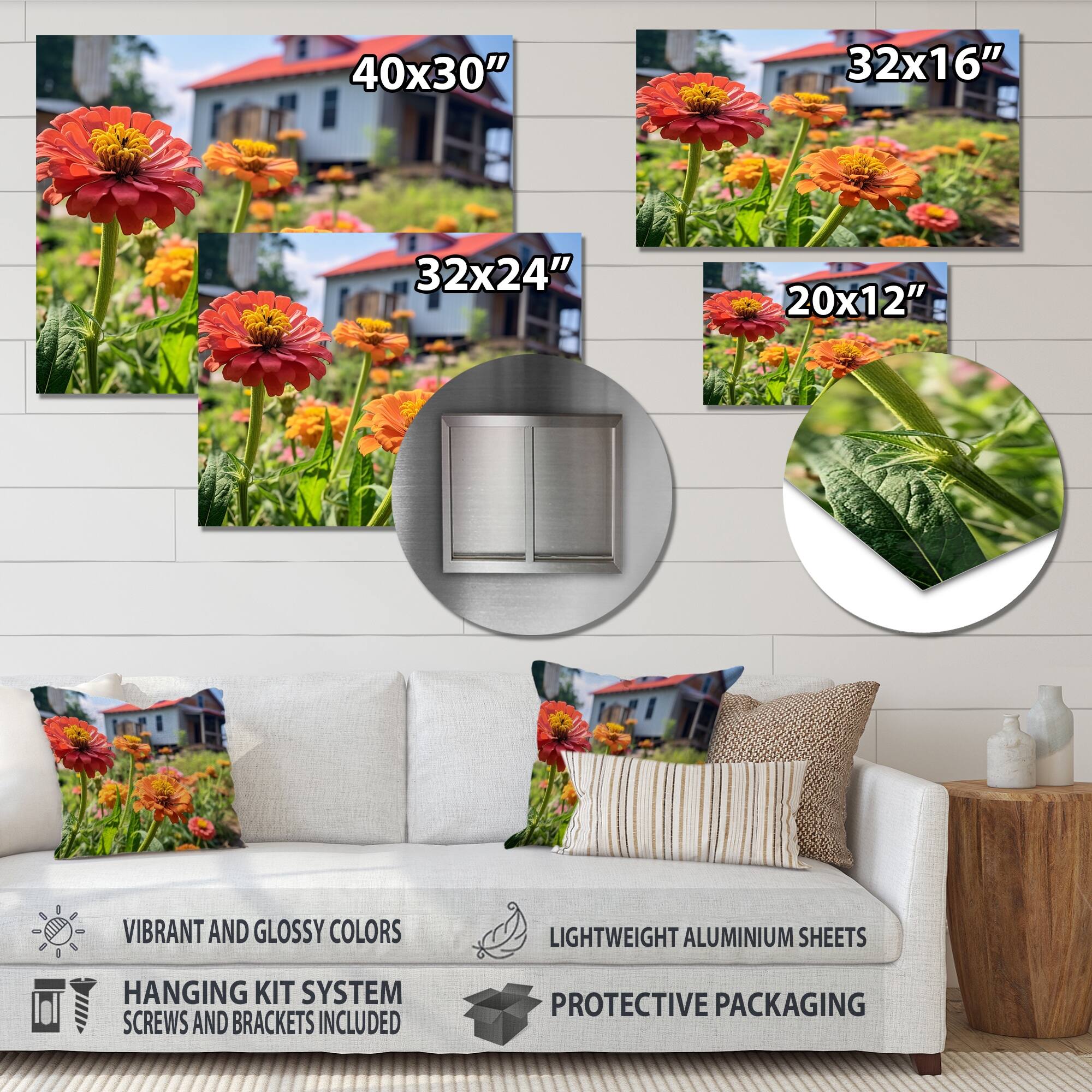 Designart "Orange Zinnias To The Farm" Floral Metal Wall Decor Bed